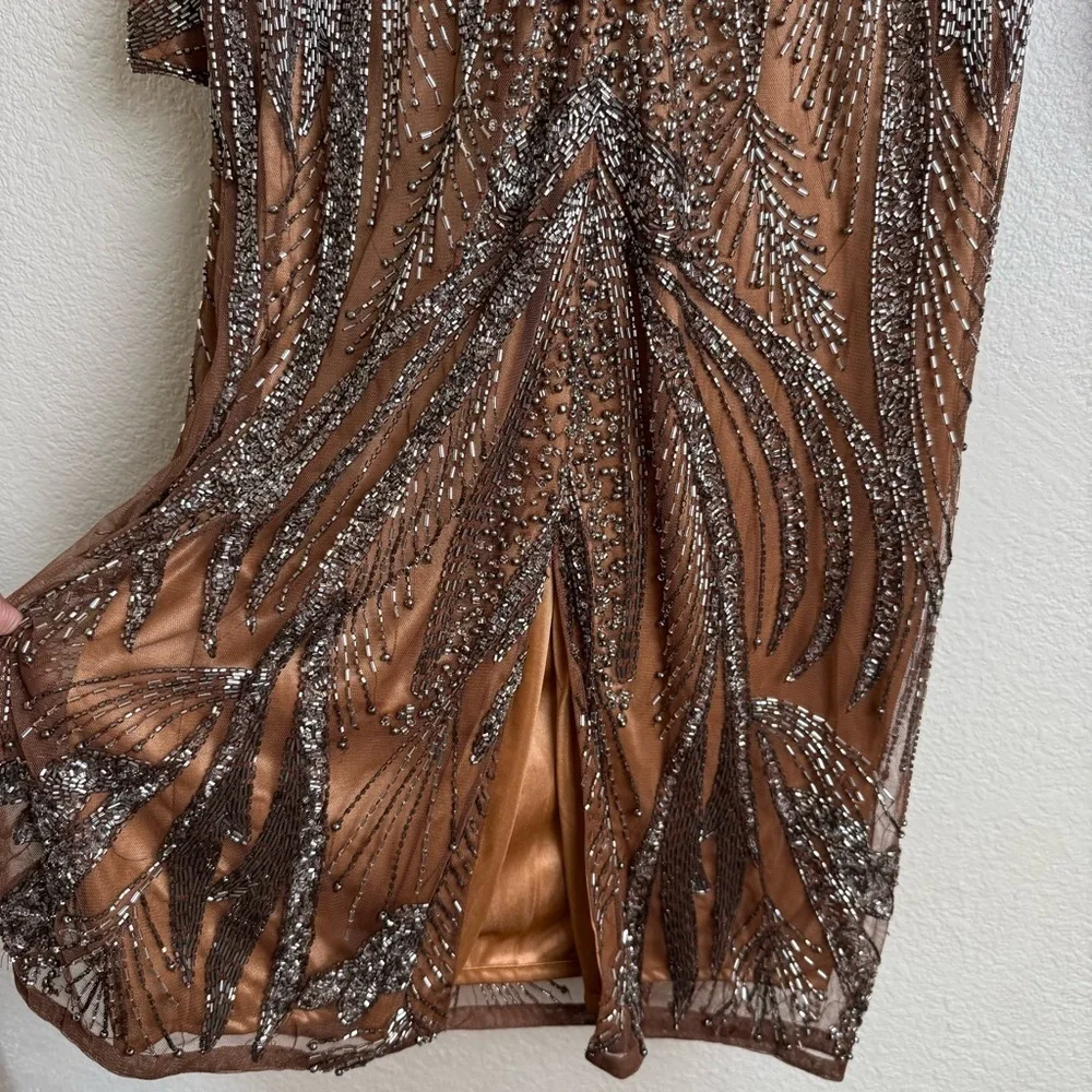 Mac Duggal Mocha Brown Beaded Long Sleeve Tulle Midi Cocktail Dress - Picture 14 of 14